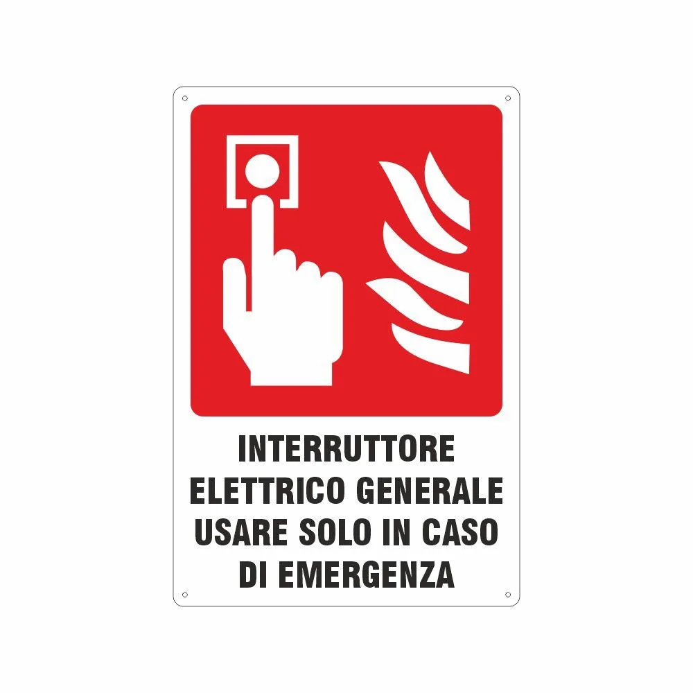 Cartello INTERRUTTORE ELETTRICO GENERALE AZIONARE SOLO IN CASO DI INCENDIO 50X35