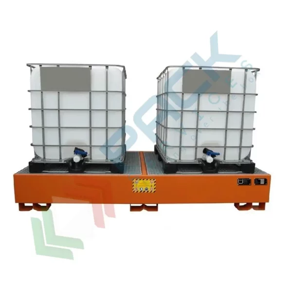 Vasca di contenimento liquidi in acciaio ideale per 2 cisterne IBC, volume di raccolta 1000 Lt, Mis. 2720 L x 1315 P x 420 H mm, colore arancio RAL 2001